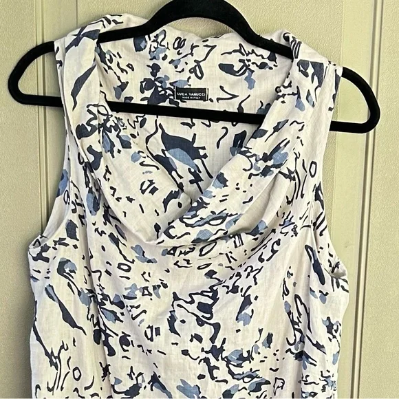 Italian Linen Sleeveless Cowl Neckline Women's Top - Blue and Cream EUC - Picture 3 of 6